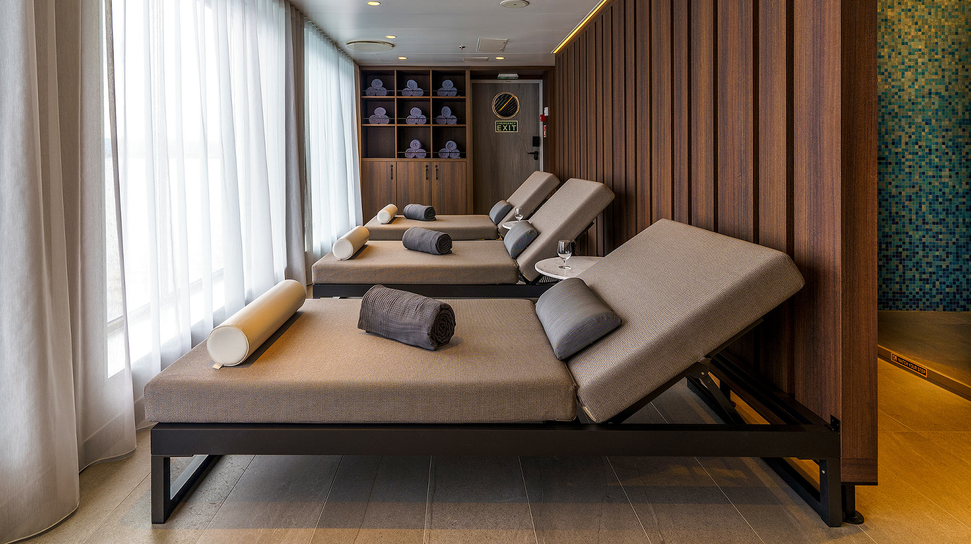 Relaxation loungers in Ultramarine's Tundra Spa.