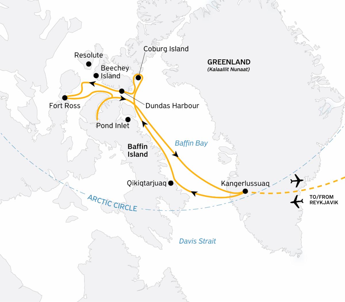 Route map: charter flight to and from Reykjavík, then Ultramarine sailing from Kangerlussuaq across Baffin Bay to Pond Inlet, Dundas Harbour, Beechey Island, Resolute, Fort Ross and Coburg Island, returning past Qikiqtarjuaq to Kangerlussuaq